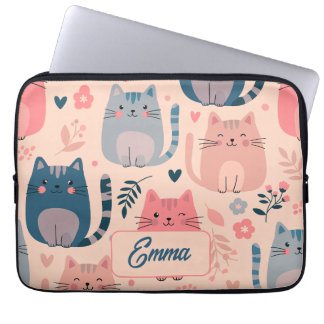 Funda Para Portátil Gatos Lindos y Patrón Floral Monograma Personaliza