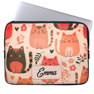 Funda Para Portátil Gatos Lindos y Patrón Floral Monograma Personaliza