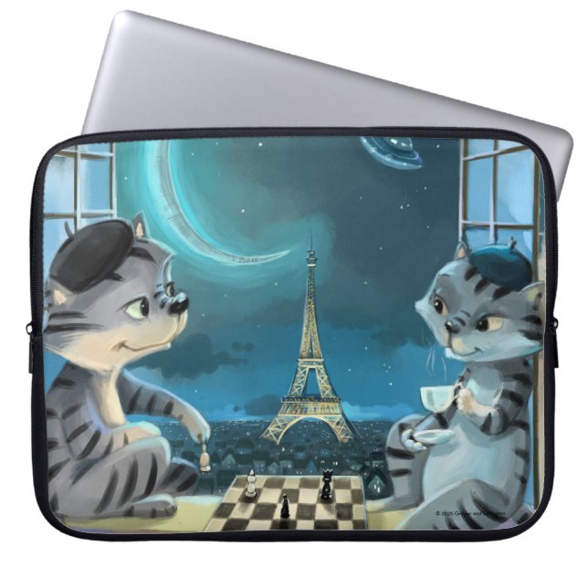 Funda para portátil Gatos Torre Eiffel - Noche (Frente)