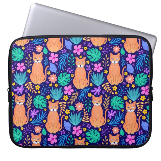 Funda Para Portátil Gatos y flores tropicales: Patrón oscuro (Frente)