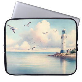 Funda Para Portátil Gaviotas de faro costero Cielo pastel Serenidad