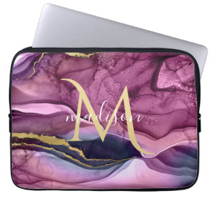 Funda Para Portátil Geoda de Ágata Morado Rosa y Dorado con Monograma