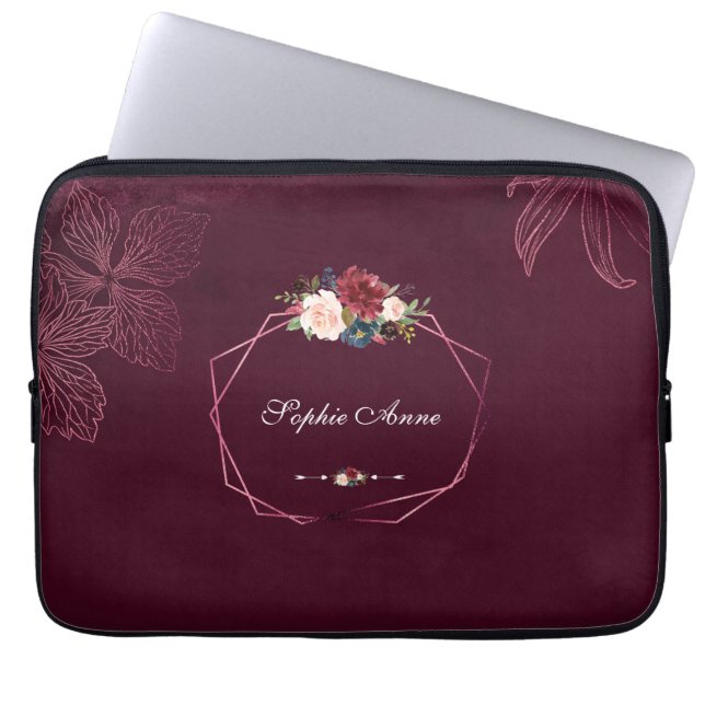 Funda Para Portátil Geométrico floral real de Borgoña (Frente)