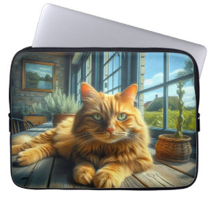 Funda Para Portátil Ginger Cat Louning en una mesa por una ventana