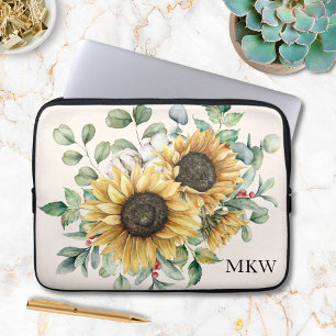 Funda Para Portátil Girasol rústico vintage acuarela monogramado