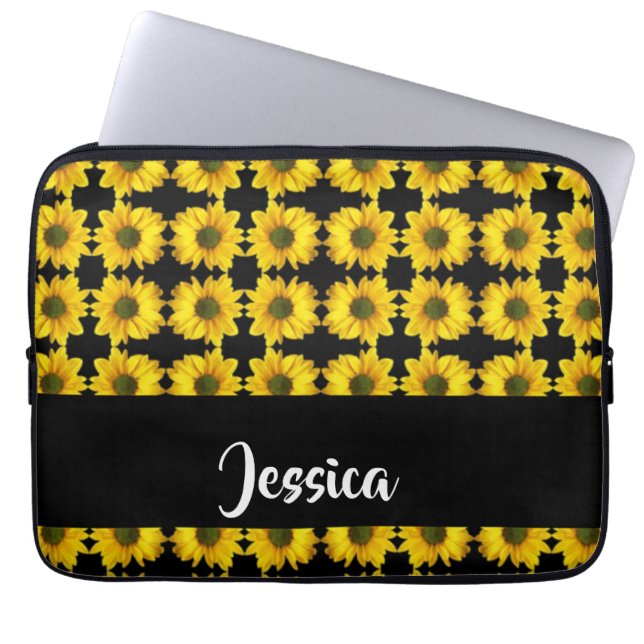 Funda Para Portátil girasoles amarillos en negro (Frente)