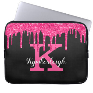 Funda Para Portátil Girly Black Hot Pink Purpurinas Dris Monograma Nom