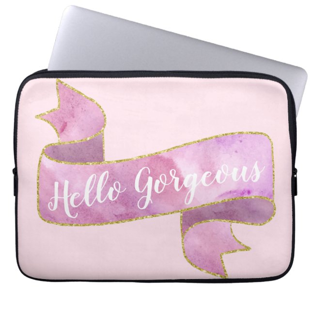 Funda Para Portátil Girly Bonito Rubor Rosa Hello Gorgeous Gold Ribbon (Frente)