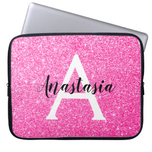 Funda Para Portátil Girly Glam Purpurina rosa caliente Esparkles Monog