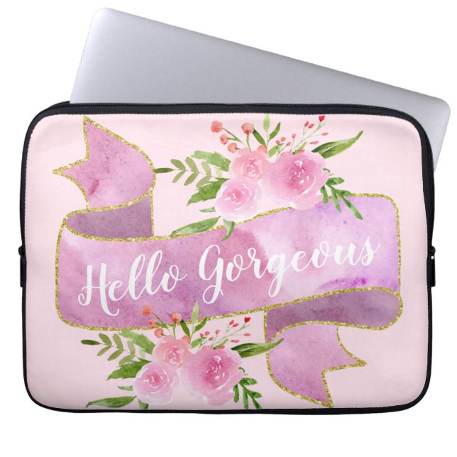 Funda Para Portátil Girly Pretty Floral Blush Pink Hello Gorgeous Gold (Frente)