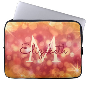Funda Para Portátil Girly Purpurina Coral Naranja Bokeh Monograma inic