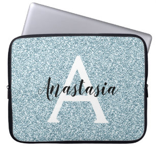 Funda Para Portátil Glam Blue Silver Purpurina Esparkles Monograma Nom