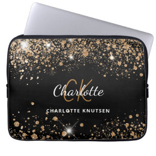 Funda Para Portátil Glam de nombre de monograma del purpurina de oro n