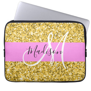 Funda Para Portátil Glam Pink and Gold Purpurina Sparkles Monograma No