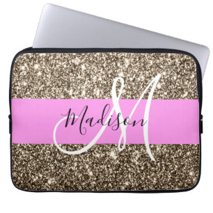Funda Para Portátil Glam Pink Champagne Purpurina Gold Sparkle Monogra
