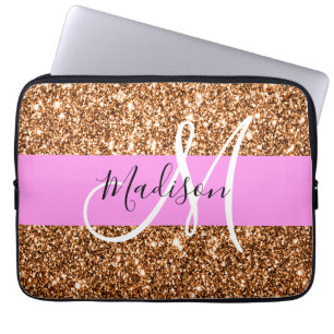 Funda Para Portátil Glam Pink & Copper Purpurina Parkles Monograma Nom