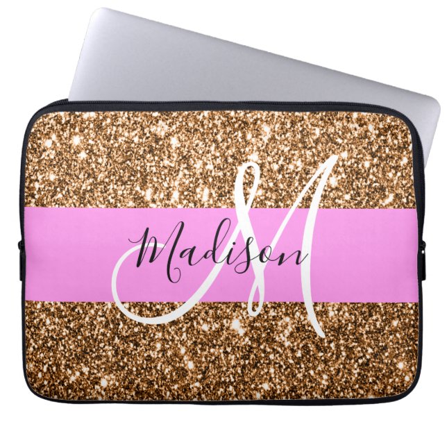 Funda Para Portátil Glam Pink & Copper Purpurina Parkles Monograma Nom (Frente)