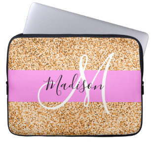 Funda Para Portátil Glam Pink & Copper Purpurina Parkles Monograma Nom