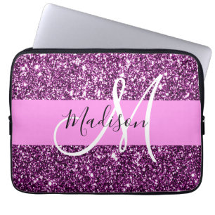 Funda Para Portátil Glam Pink & Purple Purpurina Sparkles Monograma No