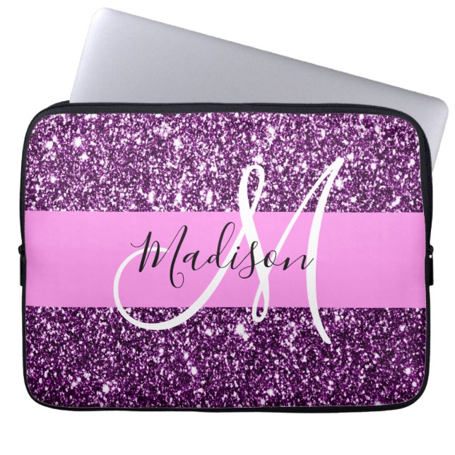 Funda Para Portátil Glam Pink & Purple Purpurina Sparkles Monograma No (Frente)