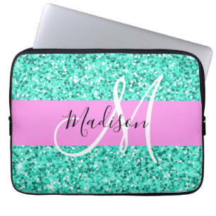 Funda Para Portátil Glam Pink Turquoise Purpurina Sparkles Monograma N
