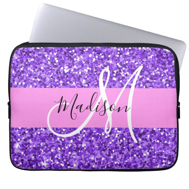 Funda Para Portátil Glam Purple & Pink Purpurina Sparkle Monograma Nom (Frente)