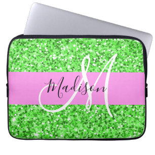 Funda Para Portátil Glam Purpurina rosa y verde parkima nombre monogra