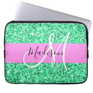 Funda Para Portátil Glam Purpurina rosa y verde parkima nombre monogra