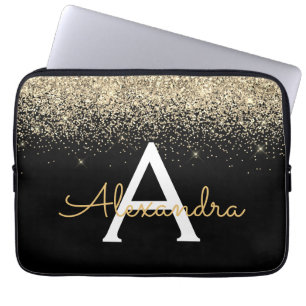 Funda Para Portátil Gold Black Luxury Purpurina Sparkle Monograma