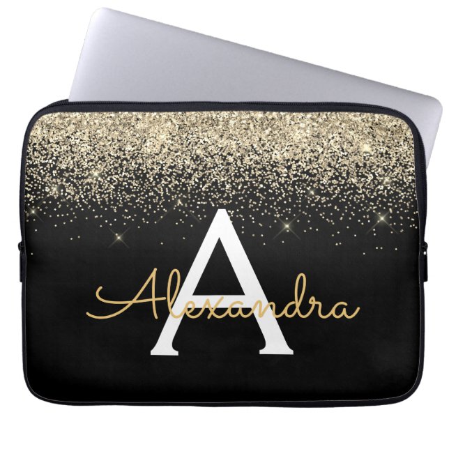 Funda Para Portátil Gold Black Luxury Purpurina Sparkle Monograma (Frente)