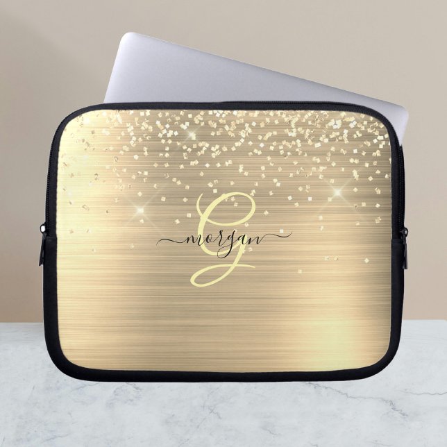Funda Para Portátil Gold Glitter & Monogram, Black Script Name (Subido por el creador)