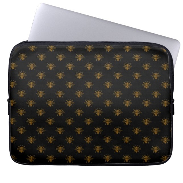 Funda Para Portátil Gold Metallic Foil Bees on Black (Frente)