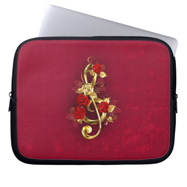 Funda Para Portátil Golden Treble Clef con flores Rosas (Frente)