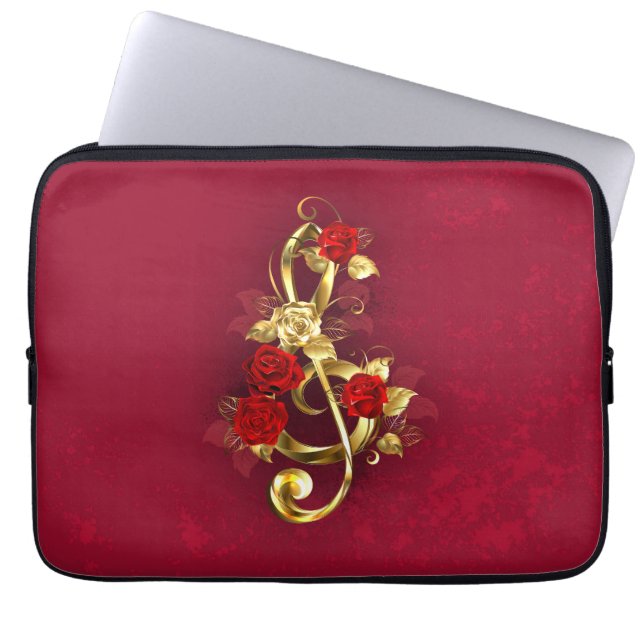 Funda Para Portátil Golden Treble Clef con flores Rosas (Frente)
