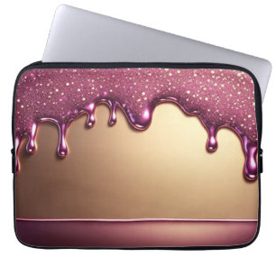 Funda Para Portátil Goteo de purpurina rosa sobre fondo metálico dorad