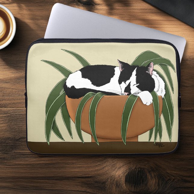 Funda Para Portátil Gracioso gato de planta blanca negra (Subido por el creador)