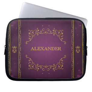 Funda Para Portátil Gradiente púrpura+Monograma de marco dorado
