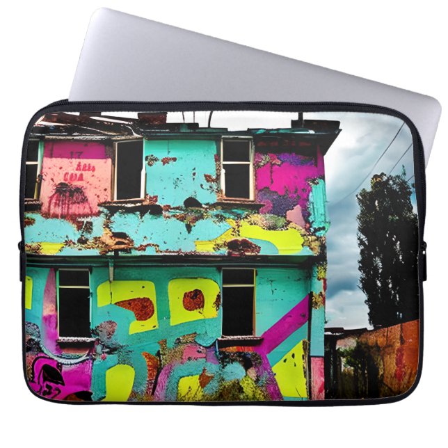Funda Para Portátil Graffiti rosa y Verde azulado | Casa abandonada (Frente)
