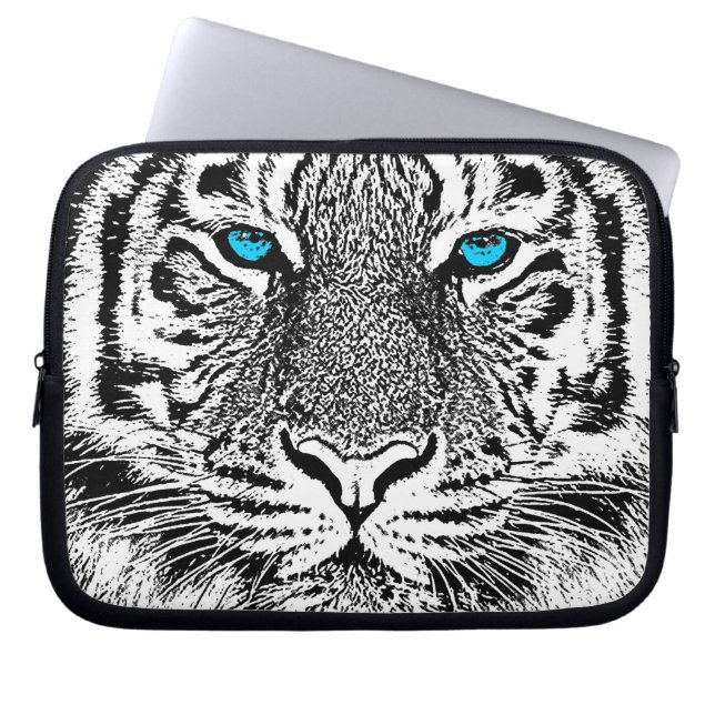 Funda Para Portátil Gráfico De Tigres De Ojos Azules Negros Y Blancos (Frente)