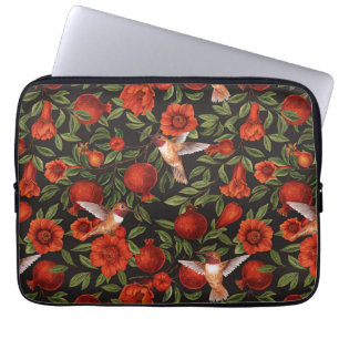 Funda Para Portátil Granadas y colibríes/hojas verdes en negro
