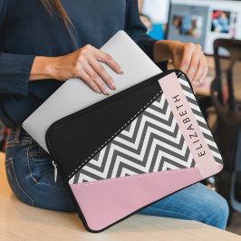 Funda Para Portátil Gray Zigzag, Gray Chevron, Pink, Tu Nombre