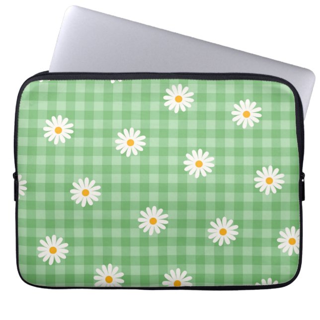 Funda Para Portátil Green Daisy Plaid Gingham Check Flower Pattern (Frente)
