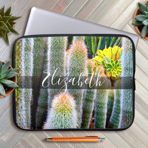 Funda Para Portátil Green fuzzy cacti photo add your name script bold