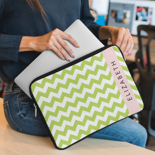 Funda Para Portátil Green Zigzag, Green Chevron, Tu Nombre