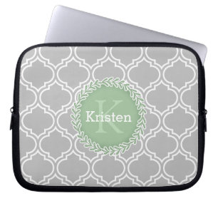 Funda Para Portátil Grey Moroccan Tile Pattern Green Monogram