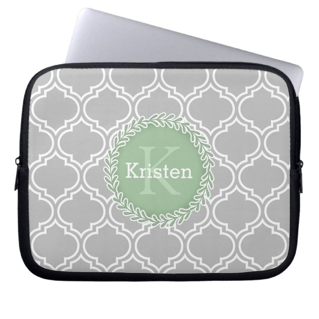 Funda Para Portátil Grey Moroccan Tile Pattern Green Monogram (Frente)