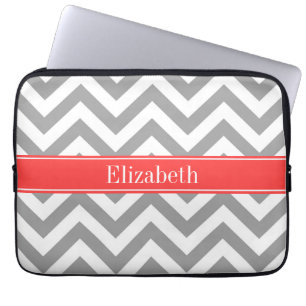 Funda Para Portátil Gris oscuro Lg Chevron Coral Nombre Rojo Monograma