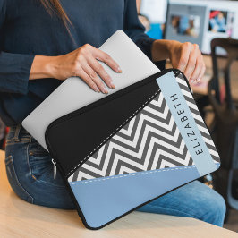 Funda Para Portátil Gris Zigzag, Gris Chevron, Azul, Tu Nombre