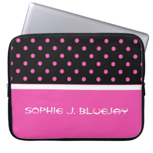 Funda Para Portátil Guay rosa y negro, puntos de polka. ¡Agrega tu nom