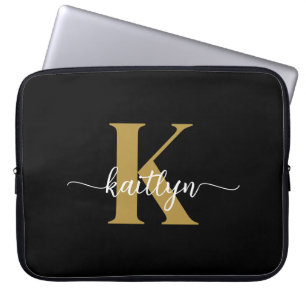 Funda Para Portátil Guion de Monograma de Oro Negro